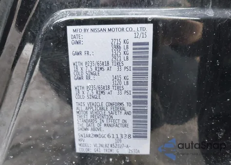 2016 Nissan Pathfinder Platinum/S/Sl/Sv z USA, uszkodzony, nr VIN 5N1AR2MM1GC611338